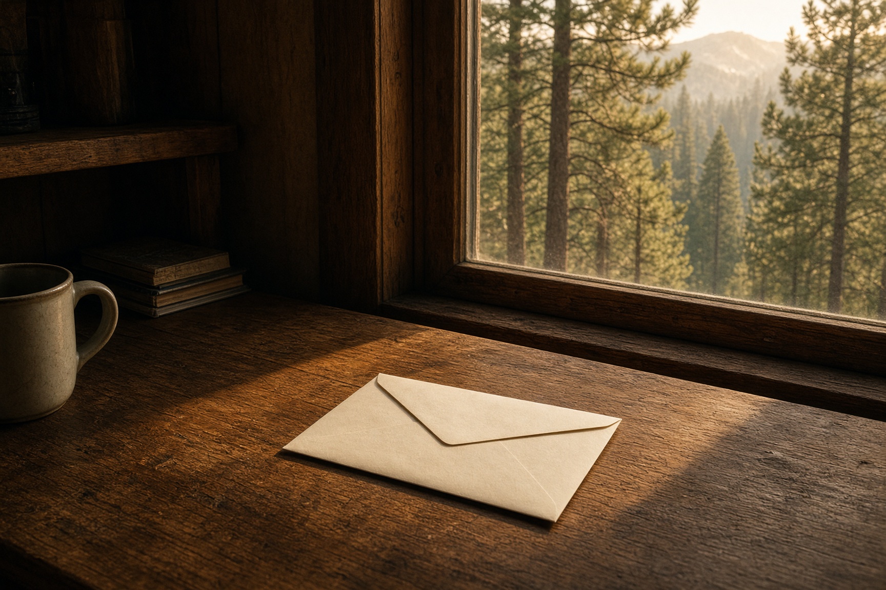 An unopened envelope on a wooden desk in morning light
